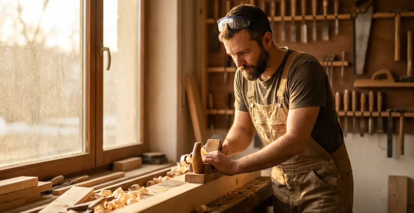Un apprenti adulte en menuiserie travaillant avec concentration sur l'établi d'un atelier traditionnel