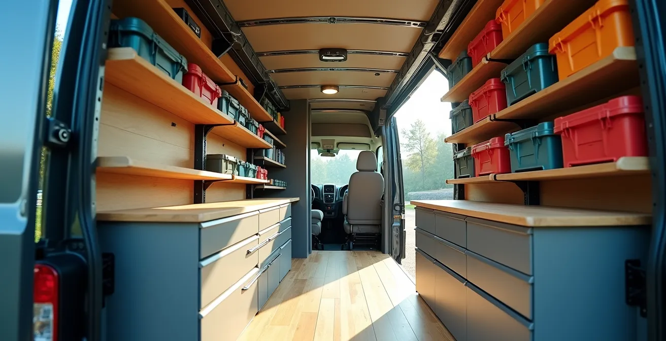 Intérieur de fourgon aménagé avec système de rangement modulaire et rails pour outils de menuiserie