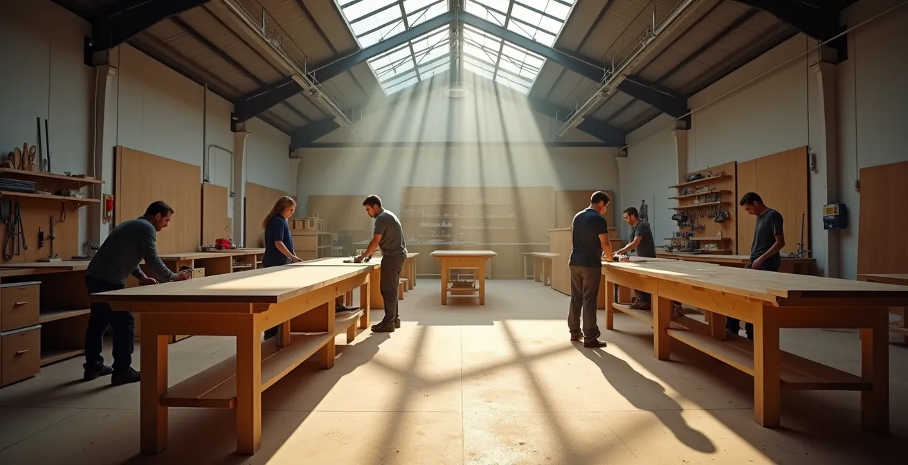 Vue large d'un atelier de formation en menuiserie avec apprentis et formateur travaillant sur différents projets