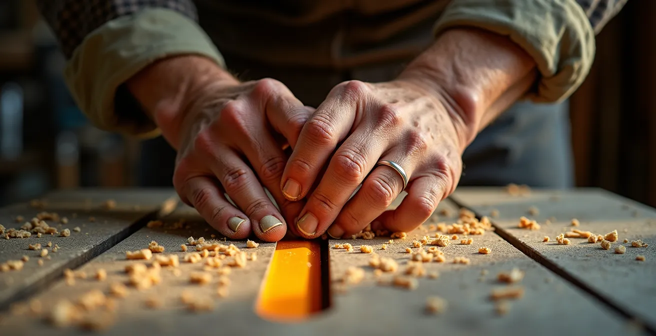 Gros plan macro sur des mains expertes guidant un apprenti sur une scie circulaire