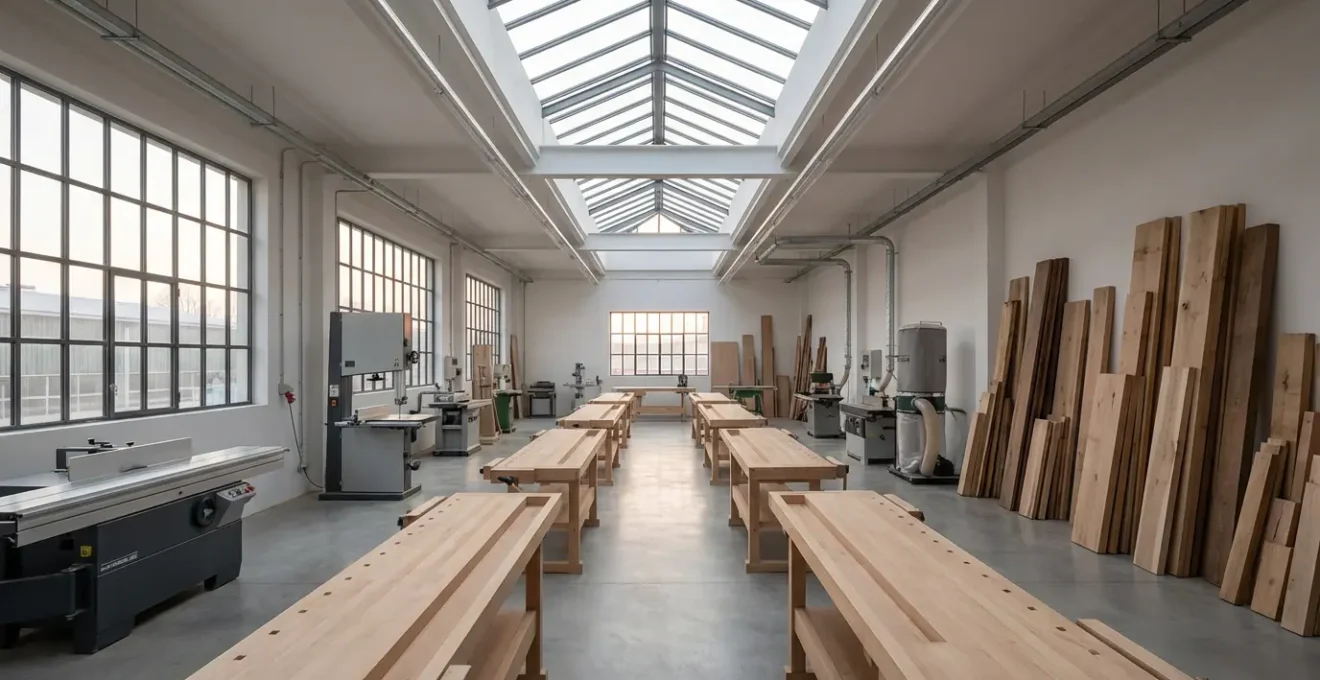 Vue grand angle d'un atelier de menuiserie spacieux avec établis et machines professionnelles