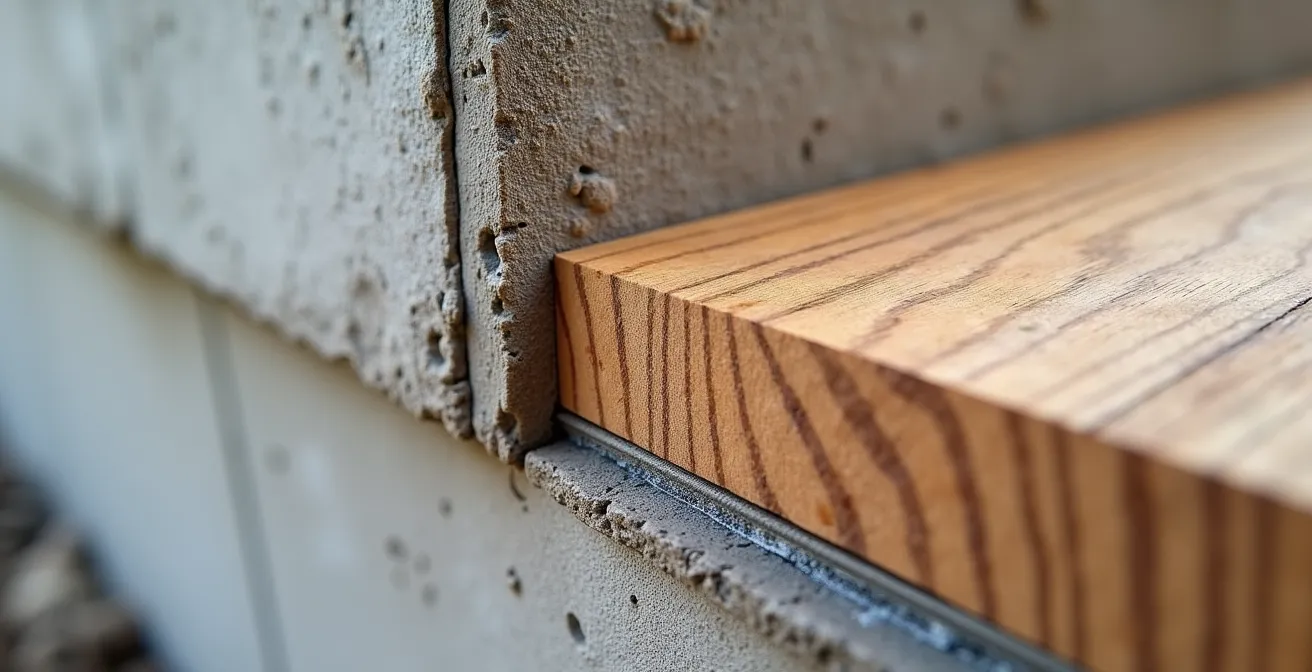 Coupe technique montrant la bande d'arase positionnée entre la dalle béton et la lisse basse en bois avec les points d'ancrage