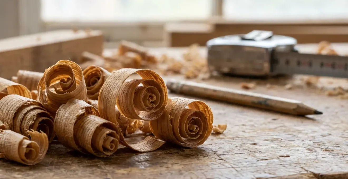 Vue macro détaillée de copeaux de bois et outils de mesure dans un atelier