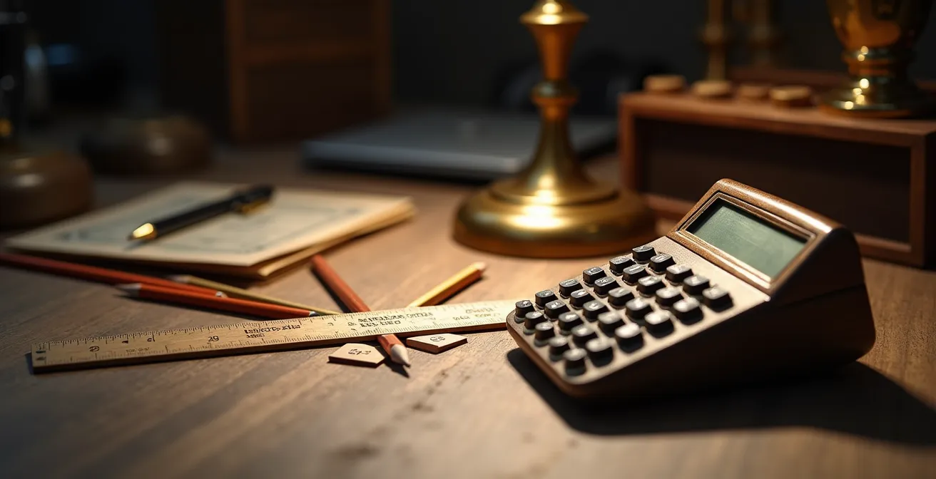 Espace de travail minimaliste avec calculatrice et documents comptables