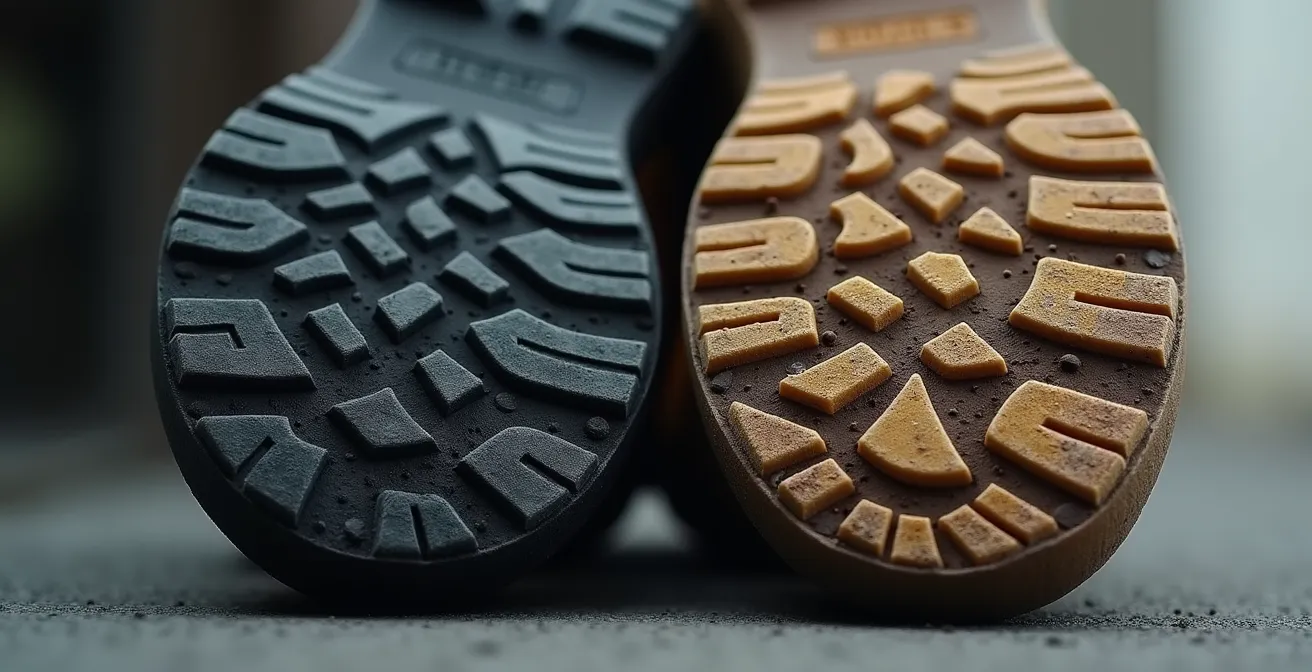 Comparaison entre semelle de chaussure de sécurité neuve et usée montrant la dégradation de l'amorti.