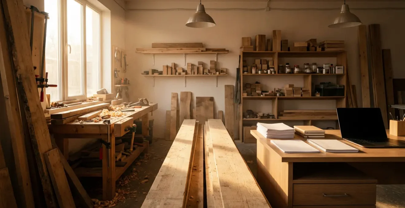 Intérieur d'un atelier de menuiserie montrant la perspective entre l'activité et la rentabilité