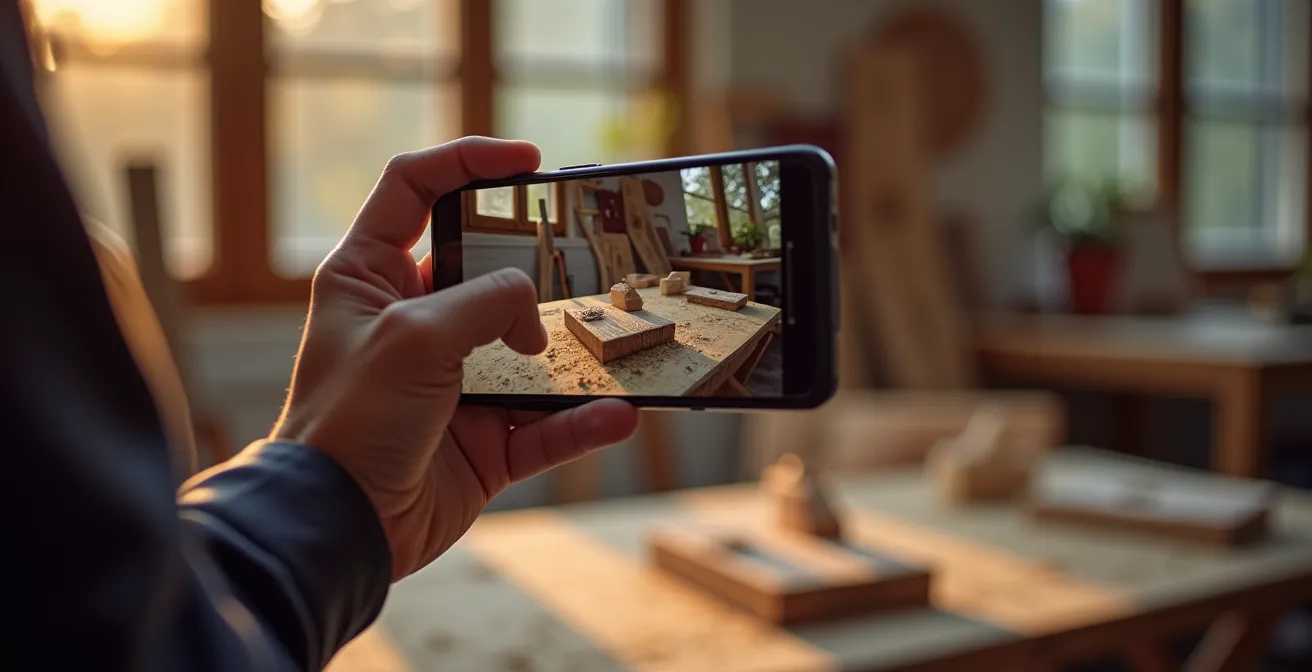 Menuisier photographiant l'avancement d'un meuble pour l'envoyer au client