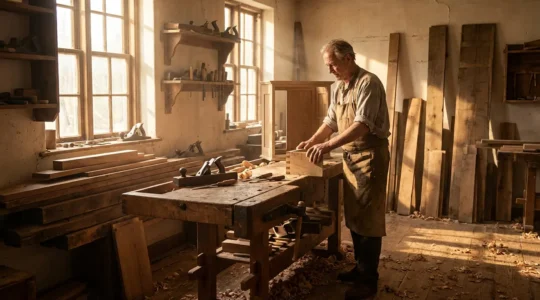 Chef menuisier superviseur dans son atelier de menuiserie avec établi et outils traditionnels