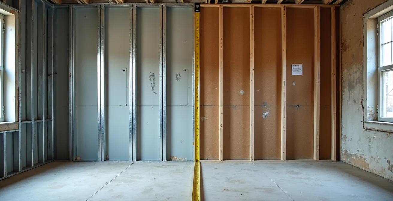 Comparaison visuelle entre un chantier neuf structuré et une rénovation complexe avec murs non droits