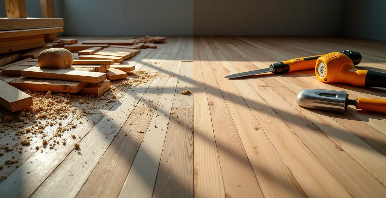 Visualisation comparative du désordre d'une pose de parquet amateur à gauche et de la propreté d'un chantier professionnel à droite