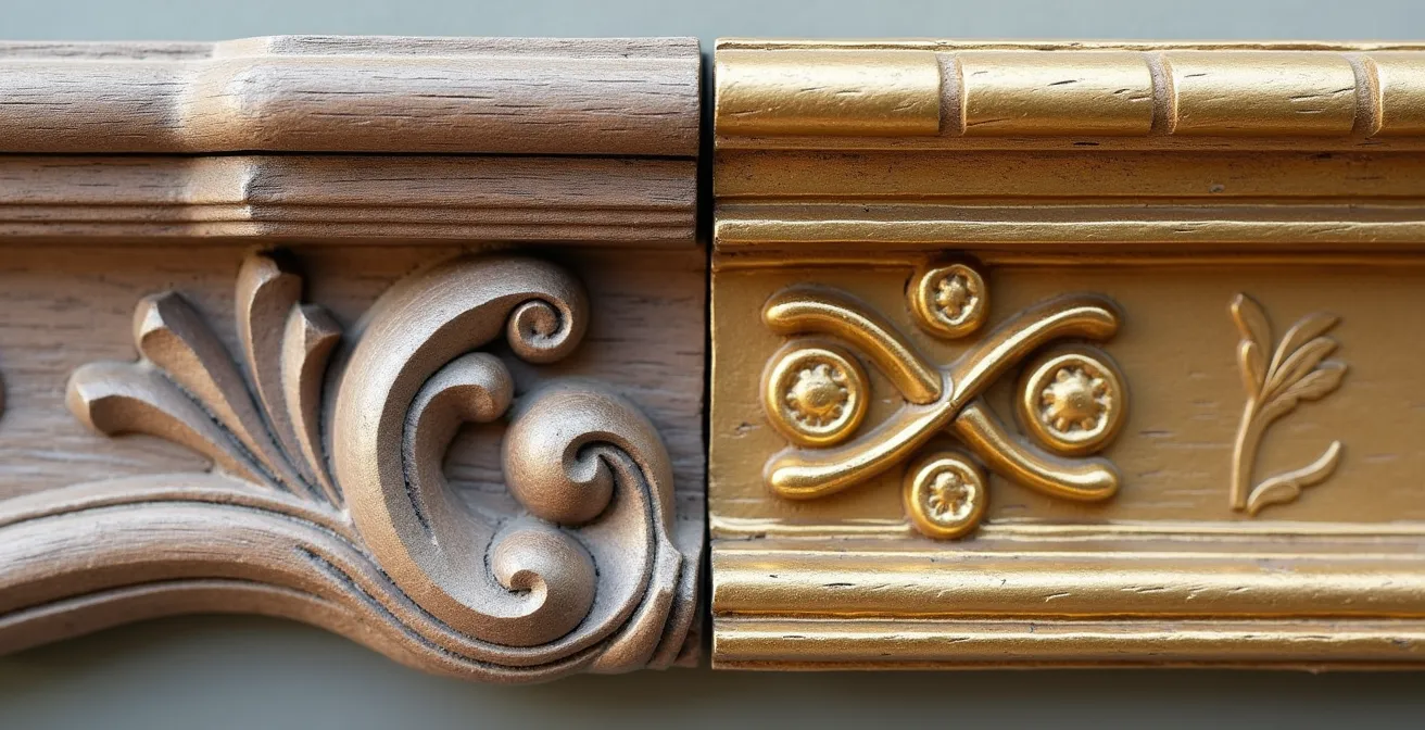 Détail macro de deux styles de moulures côte à côte montrant les différences de sculpture et de patine