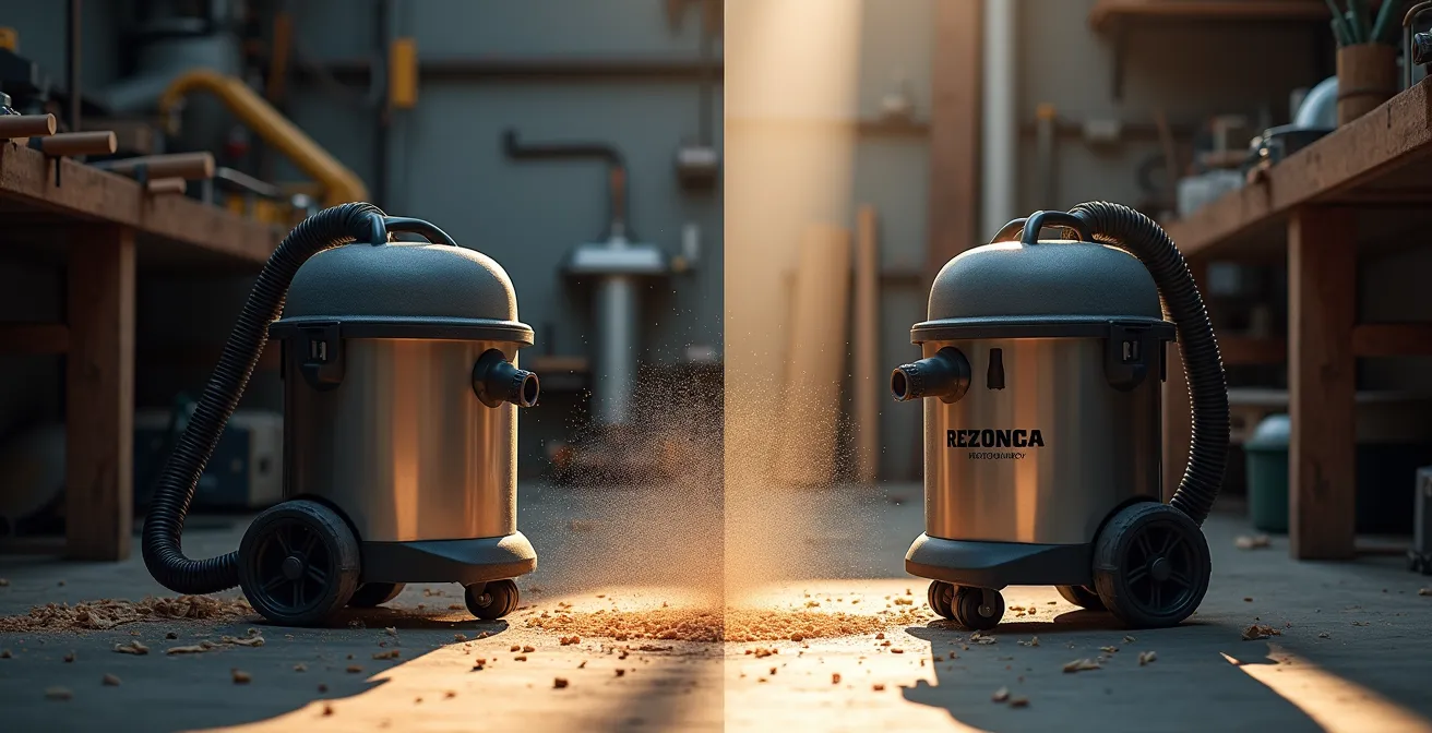 Comparaison visuelle entre un aspirateur de chantier mobile et un système de centrale d'aspiration fixe dans un atelier de menuiserie