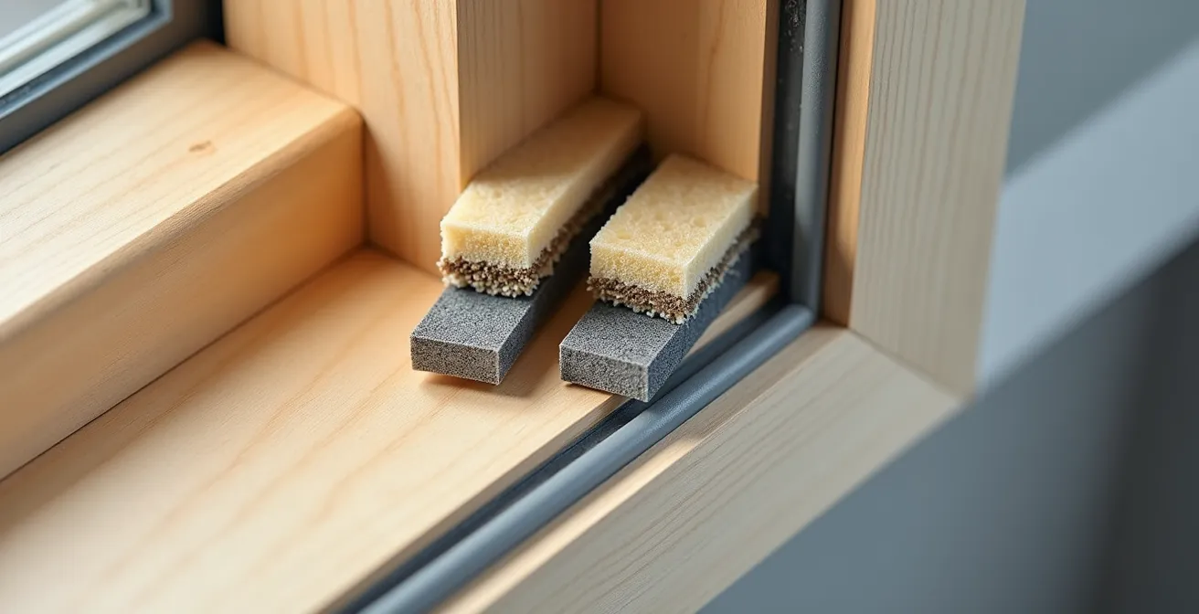 Coupe technique montrant trois systèmes d'étanchéité différents sur menuiserie bois