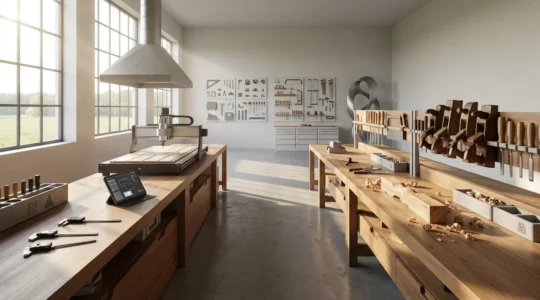 Atelier de menuiserie moderne avec établis et outils professionnels