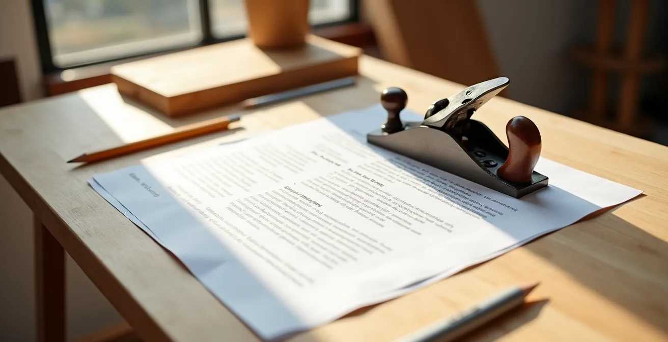 Vue d'ensemble d'un bureau avec documents contractuels et outils de menuiserie