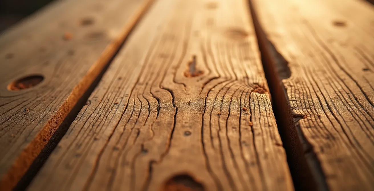 Vue macro de la texture du bois de chêne montrant les pores et les cernes de croissance