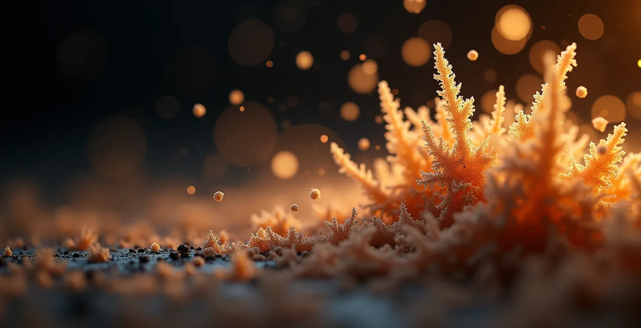 Vue macro détaillée de particules de poussière de bois montrant leur structure fibreuse dangereuse