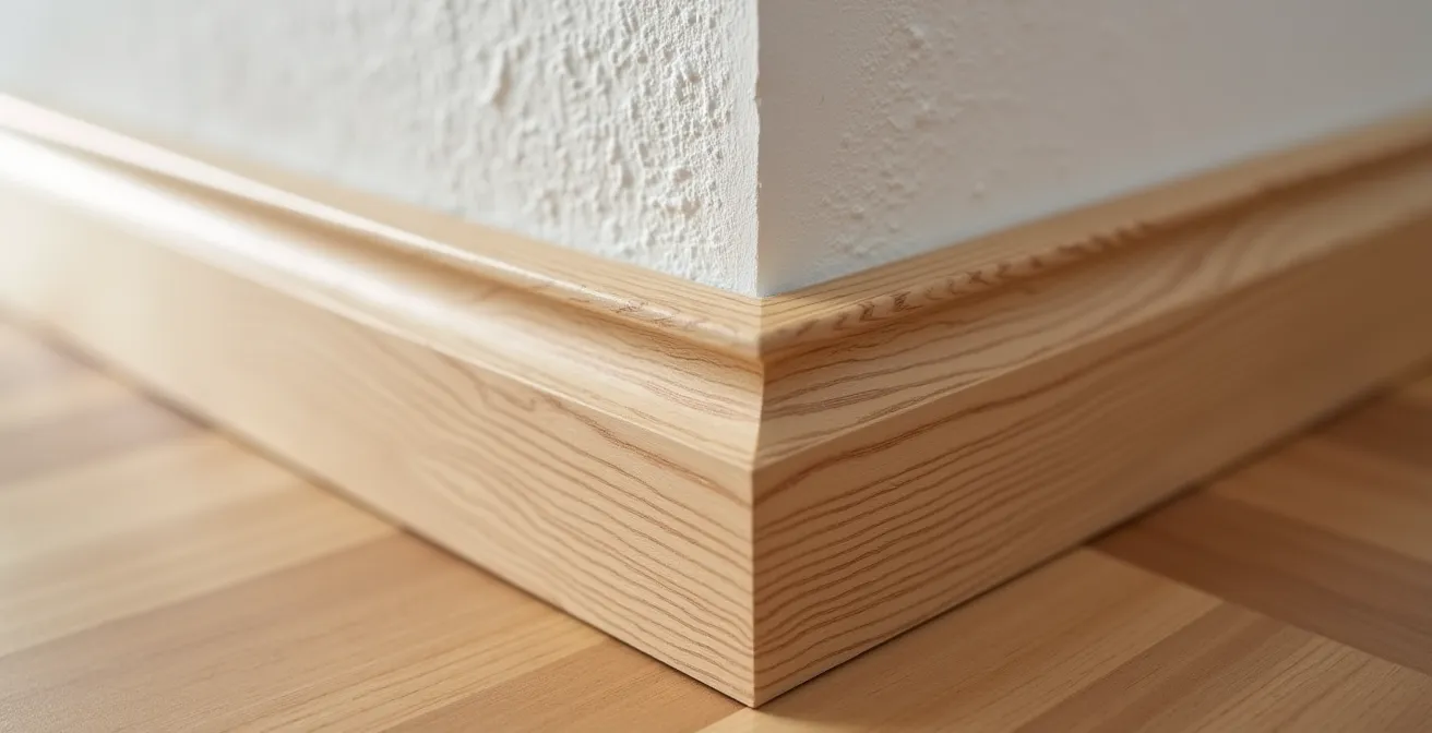 Gros plan sur la jonction parfaite entre une plinthe en bois et un mur, montrant un travail de finition impeccable