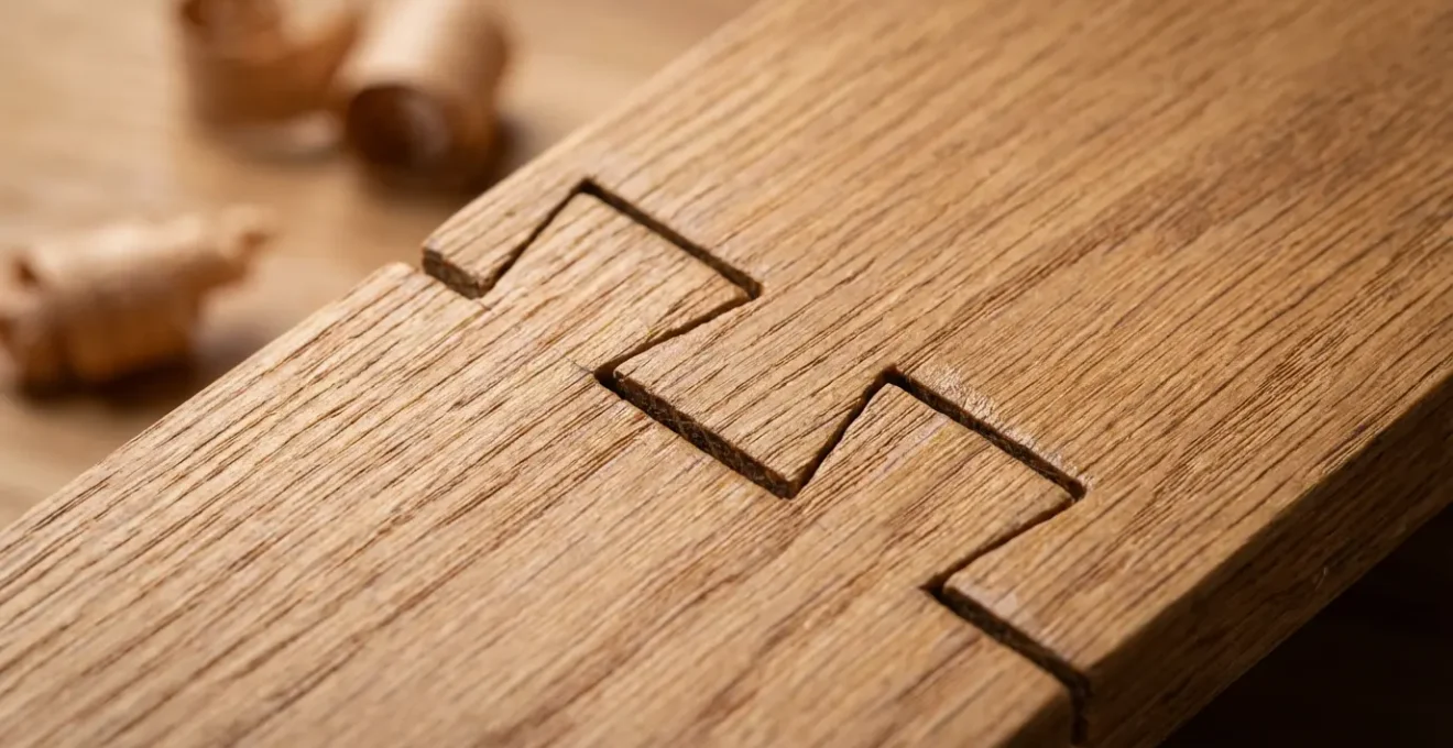 Vue macro d'un assemblage en queue d'aronde parfaitement exécuté dans du bois de chêne