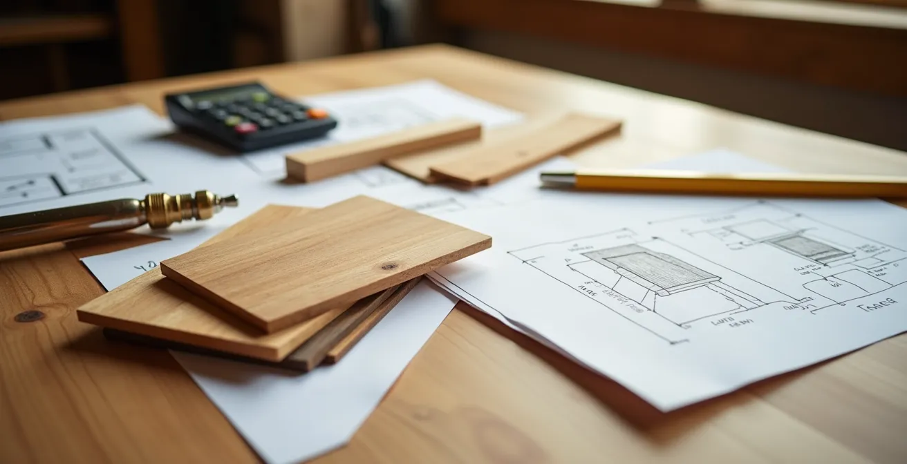 Vue plongeante sur un bureau avec un devis détaillé, des échantillons de bois et des croquis de meuble