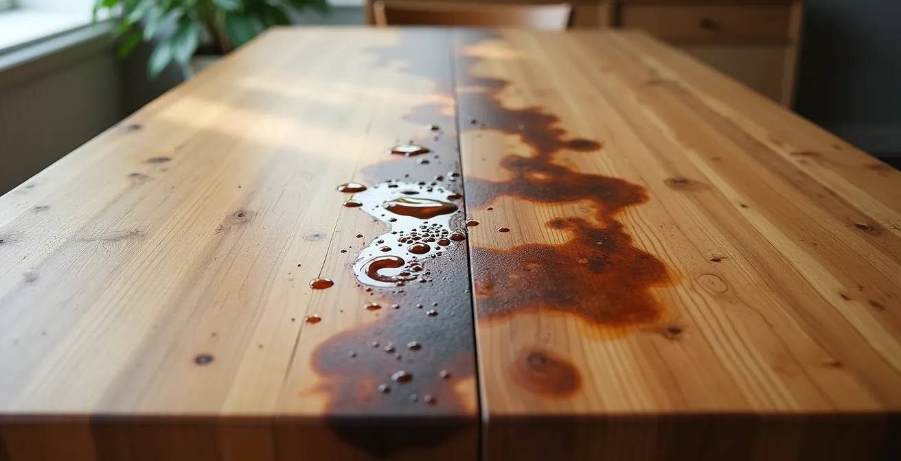 Test de la goutte d'eau révélant l'état du vernis sur une table en bois