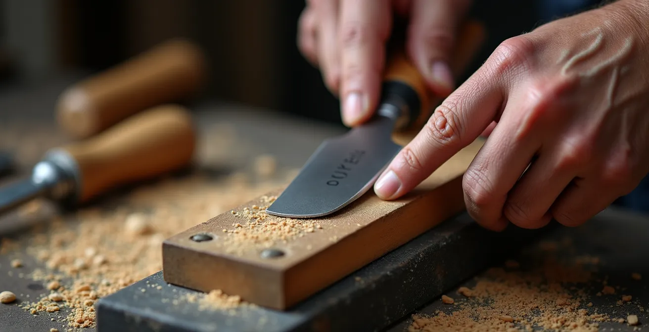 Gros plan sur les mains d'un menuisier affûtant un ciseau à bois en atelier