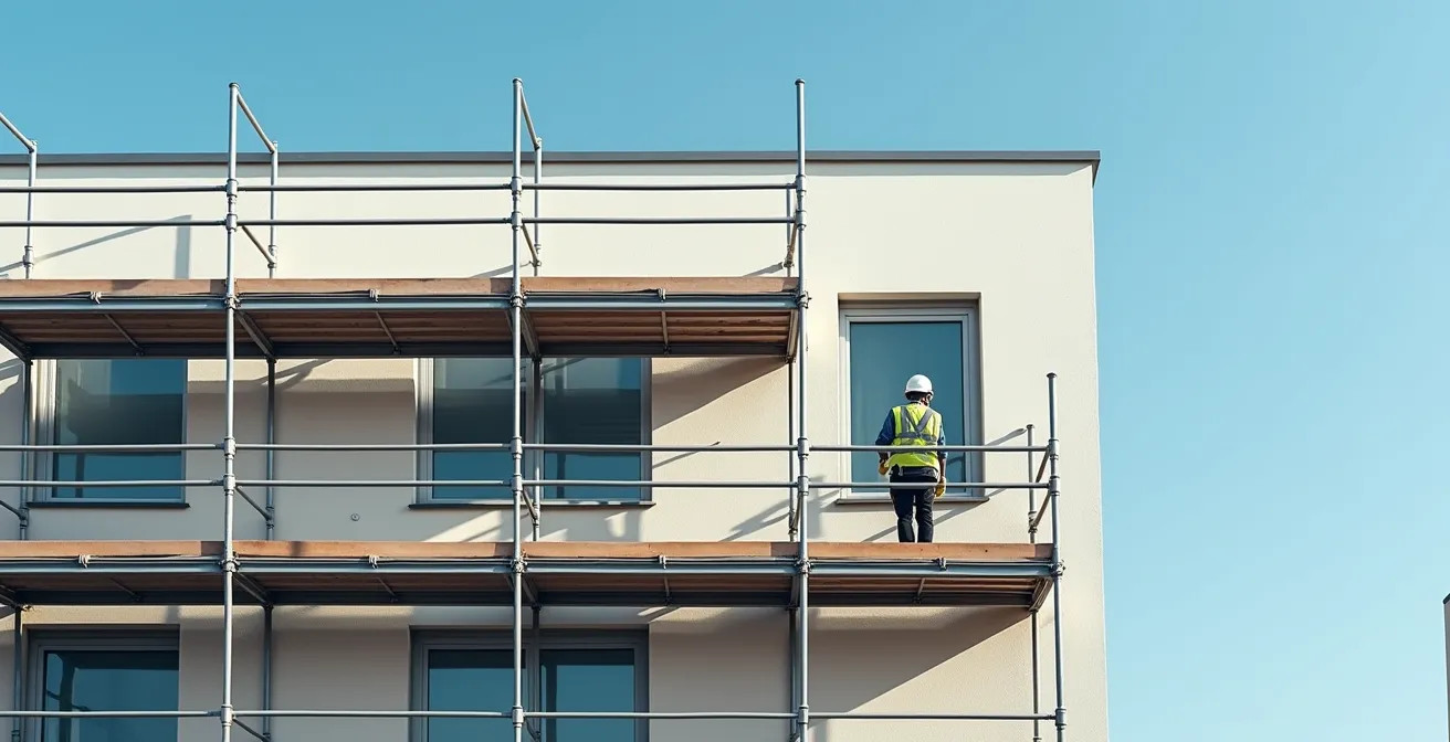 Vue latérale d'un échafaudage professionnel installé le long d'un bâtiment avec un menuisier équipé