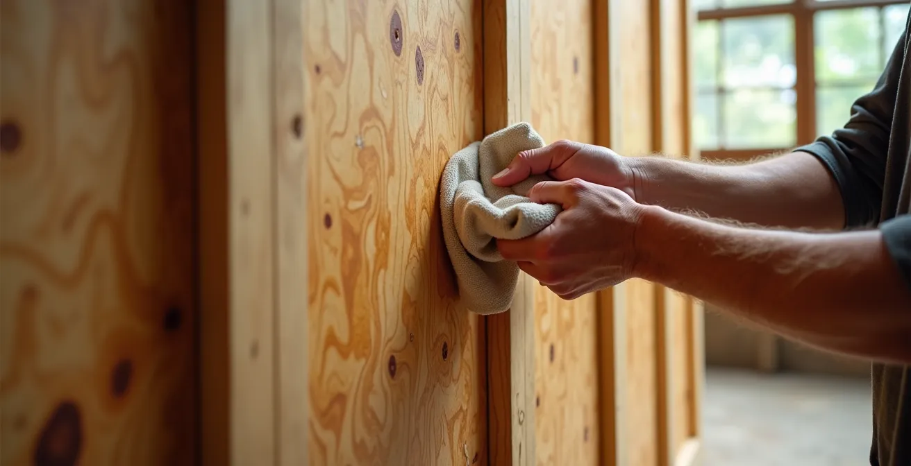 Détail d'une cloison en bois avec finition huilée naturelle montrant la texture et les veines du bois