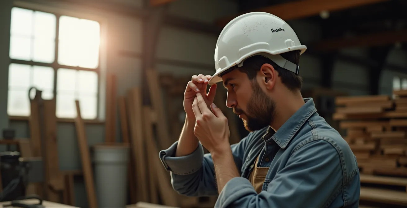 Un menuisier inspecte attentivement son casque de chantier à la lumière d'une fenêtre d'atelier.