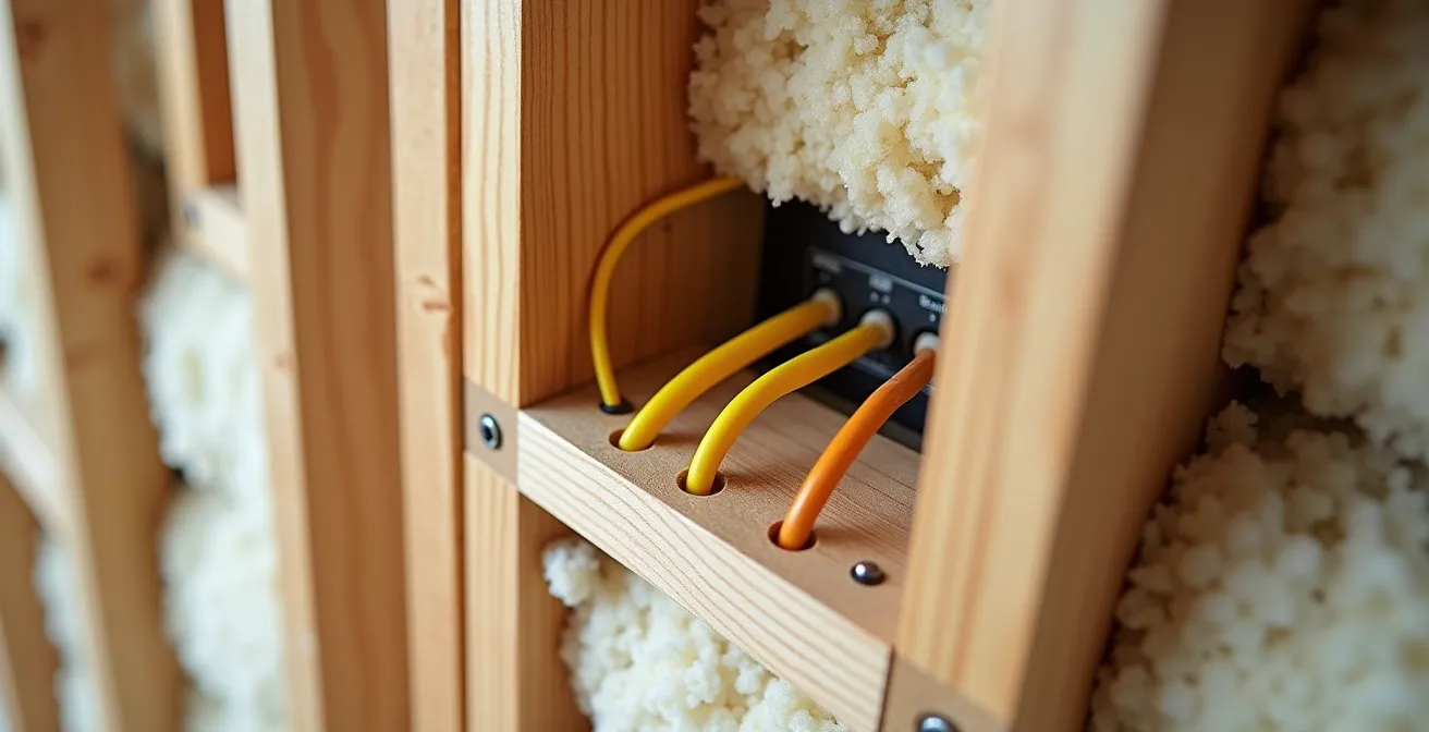 Coupe technique d'une cloison bois montrant l'installation électrique sécurisée avec boîtes étanches