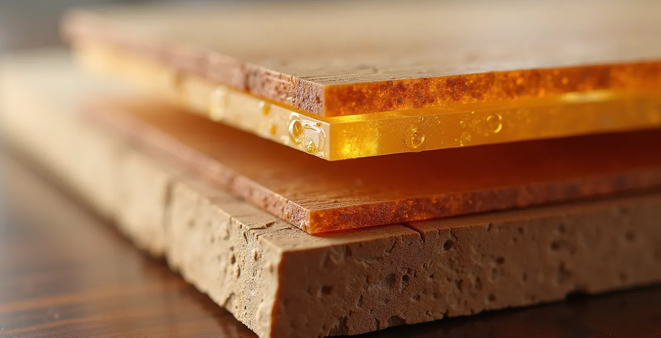 Coupe microscopique montrant l'interface entre fond-dur et vernis sur bois