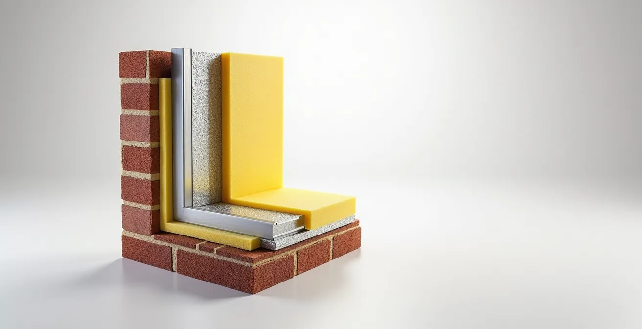 Vue en coupe d'un mur montrant l'isolation correcte d'un linteau de fenêtre avec matériaux isolants visibles