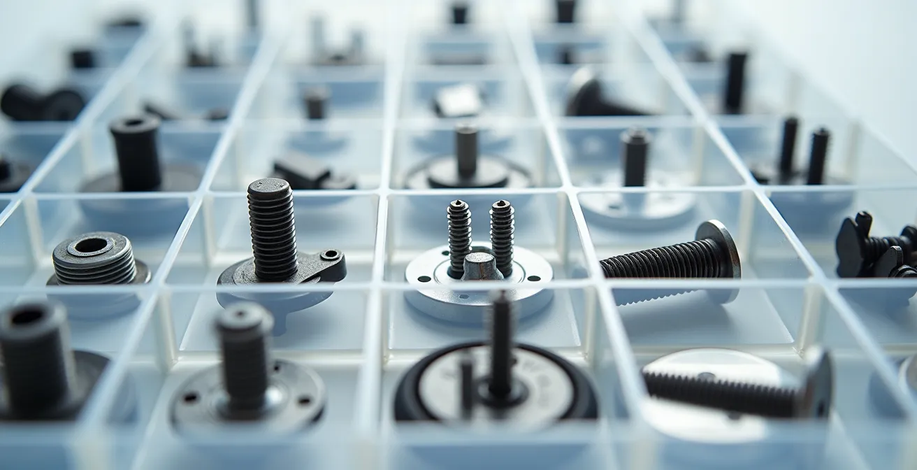 Vue macro de pièces détachées de menuiserie organisées dans des compartiments