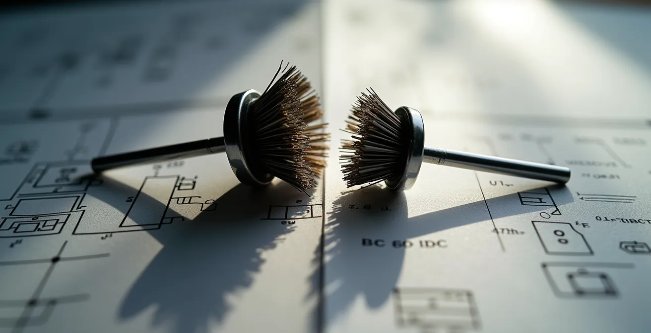 Vue macro de charbons de moteur électrique usés et neufs en comparaison