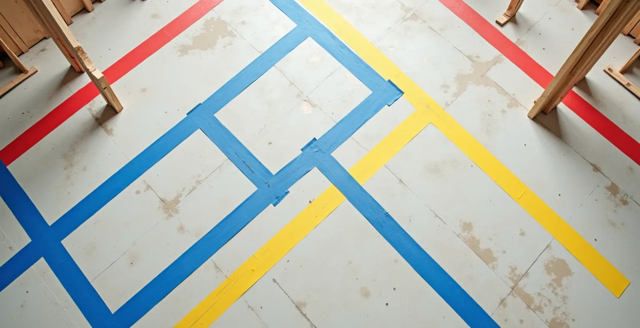 Sol de chantier avec marquages colorés pour coordination entre corps de métiers