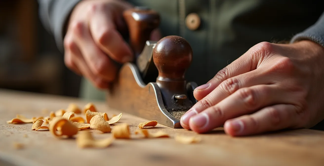 Gros plan sur les mains d'un menuisier concentré travaillant au rabot sur une pièce de bois