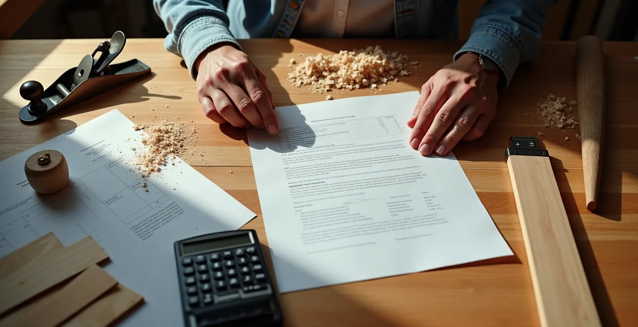 Menuisier indépendant organisant ses documents administratifs pour la création de son entreprise, copeaux de bois sur le bureau