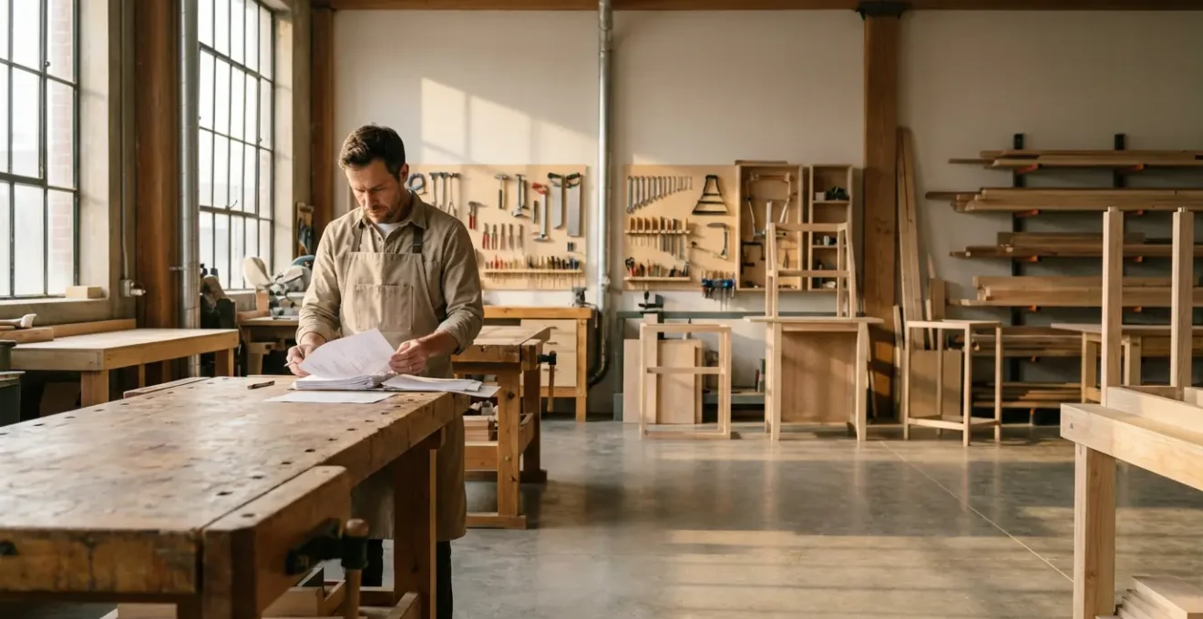 Menuisier professionnel consultant des documents d'assurance dans son atelier