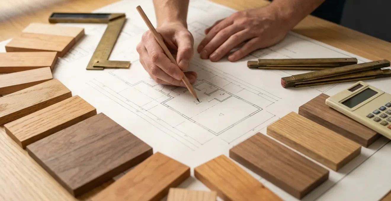 Menuisier préparant un planning de chantier avec plans et devis sur table de travail