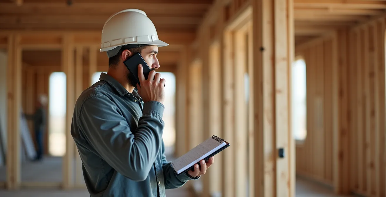 Menuisier professionnel en communication téléphonique sur chantier avec carnet de notes