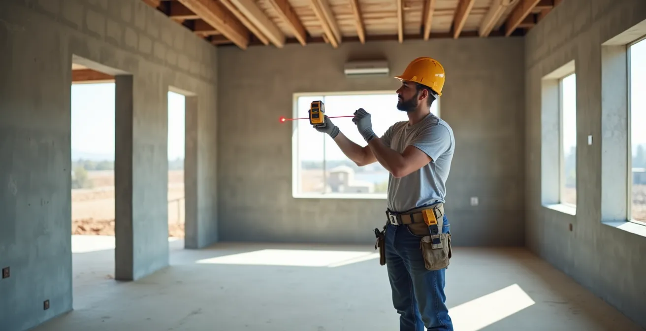 Menuisier vérifiant méticuleusement les cotes sur chantier avec télémètre laser