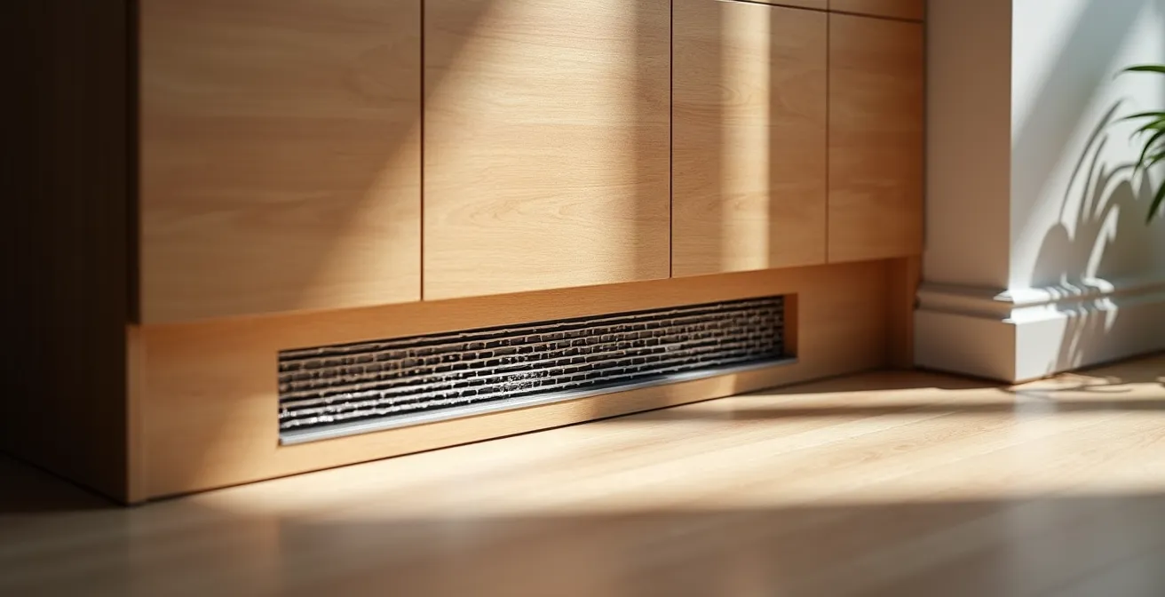 Vue en coupe d'un meuble montrant l'intégration d'une plinthe et l'espace pour un radiateur