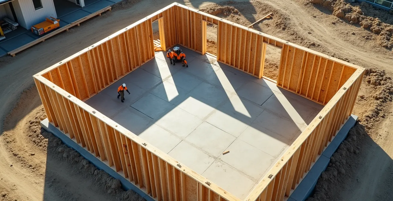 Vue aérienne d'un chantier montrant l'ordre de levage des murs d'ossature bois avec les écharpes de contreventement provisoire
