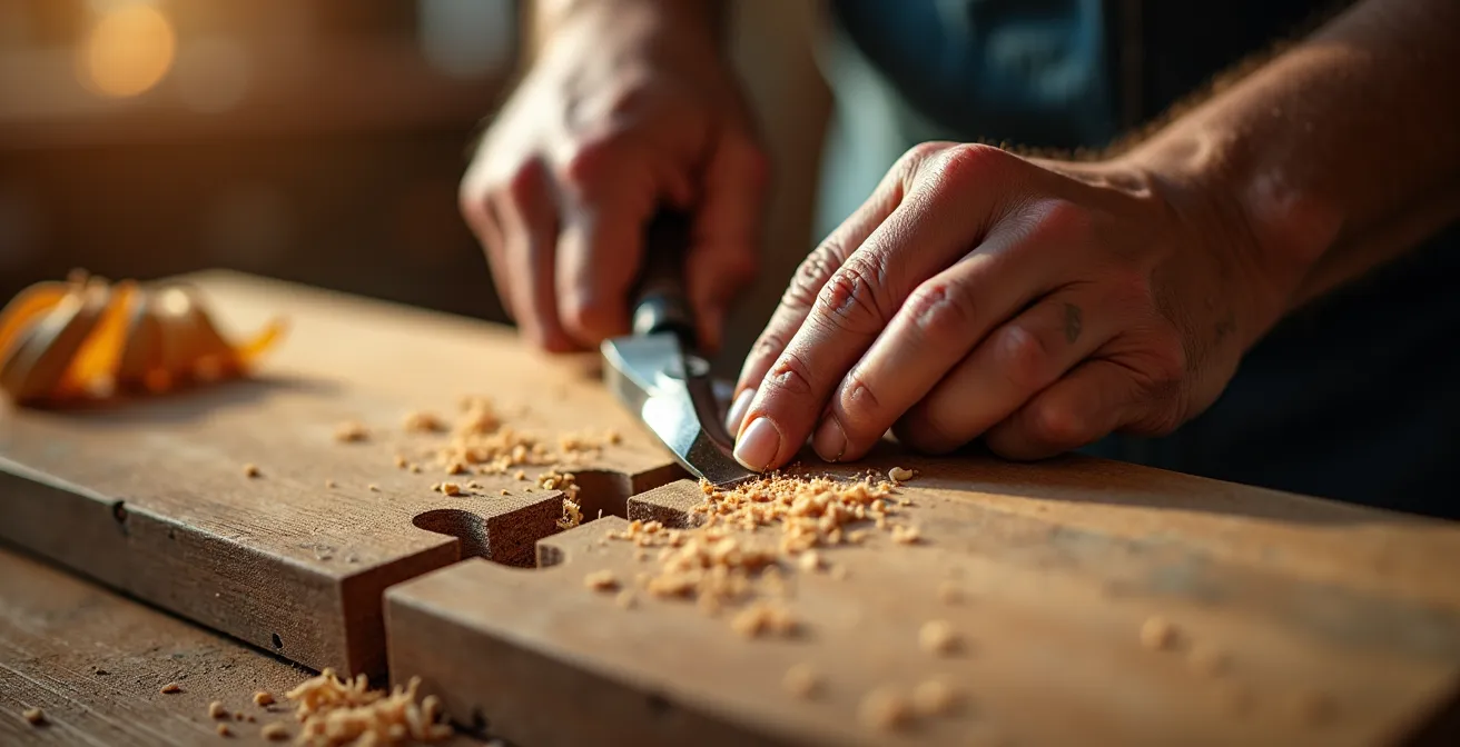 Vue aérienne d'un atelier de menuiserie organisé avec zones de production clairement définies
