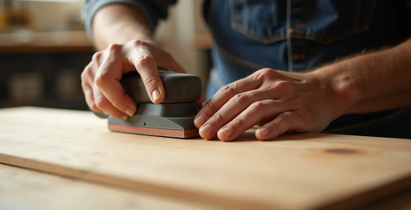 Technique de ponçage manuel délicat sur placage bois avec cale