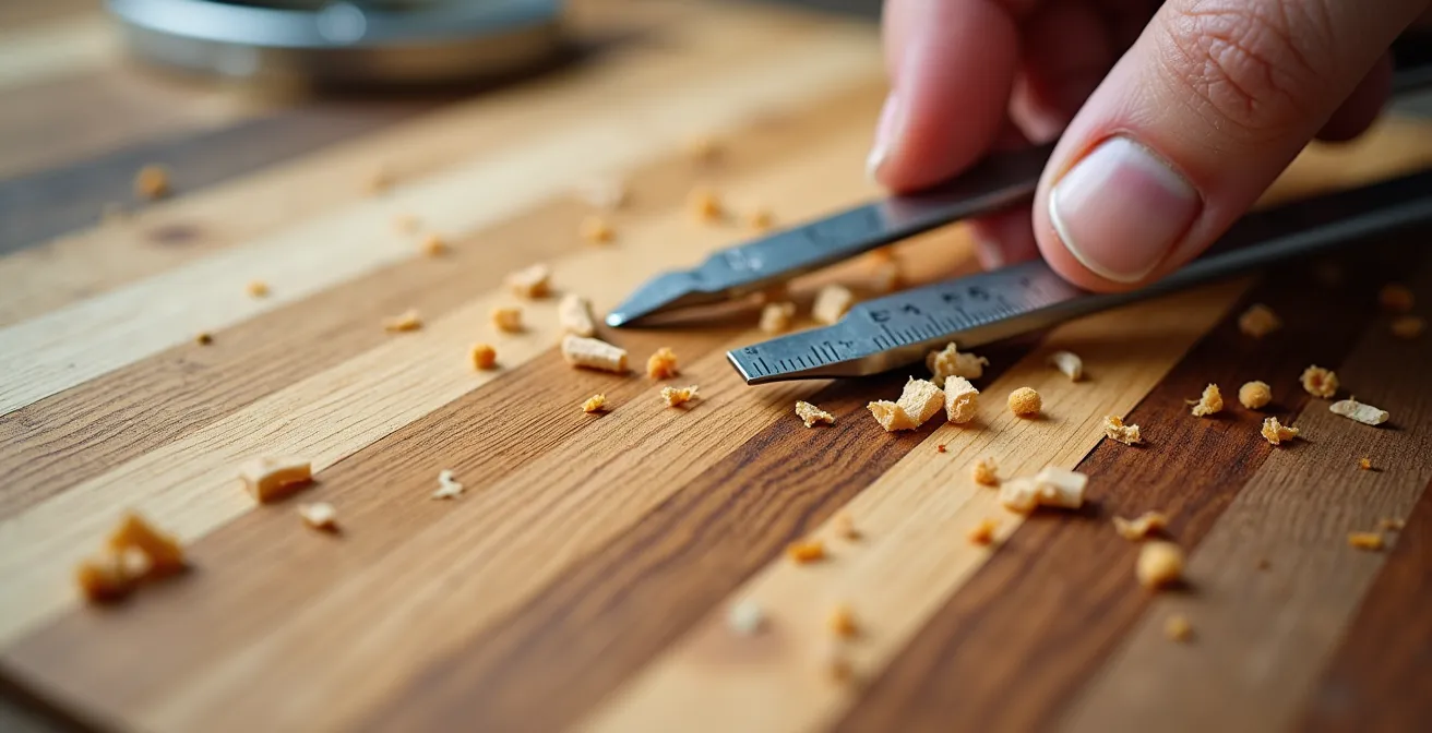 Table de travail avec échantillons de bois et plans de menuiserie pour constitution dossier VAE