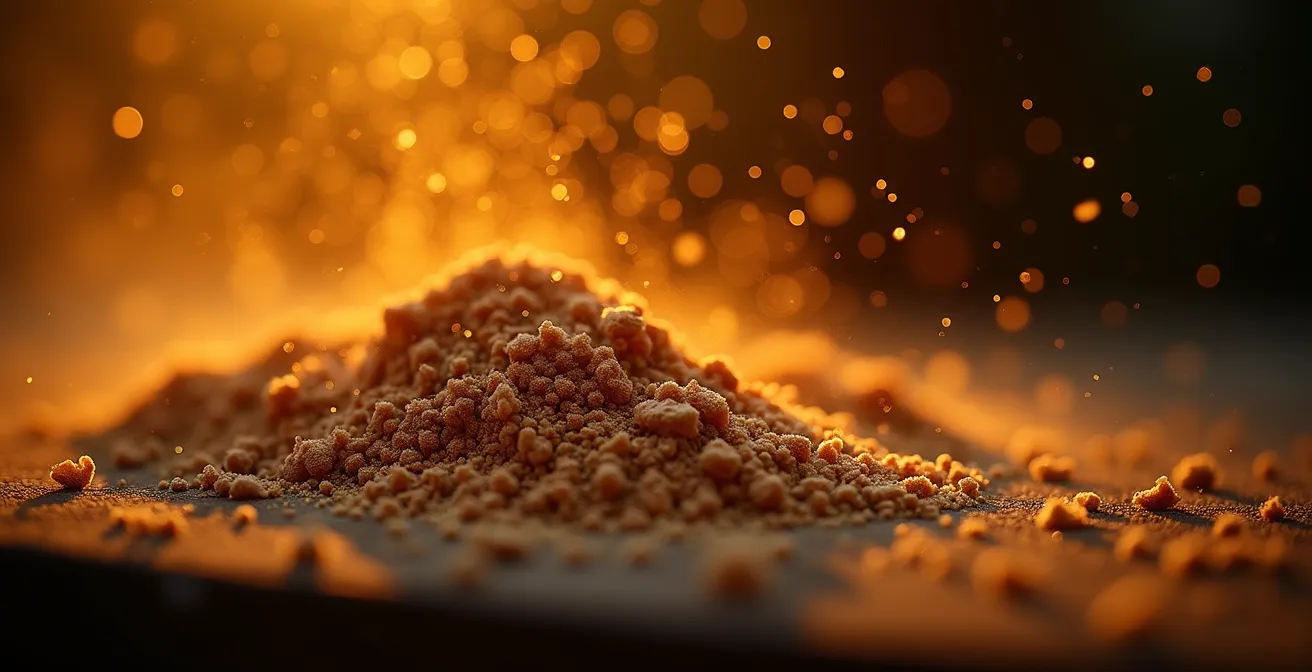 Particules de poussière de bois en suspension avec effet macro montrant leur caractère inflammable