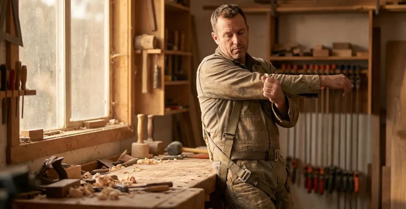 Menuisier effectuant des étirements dans un atelier