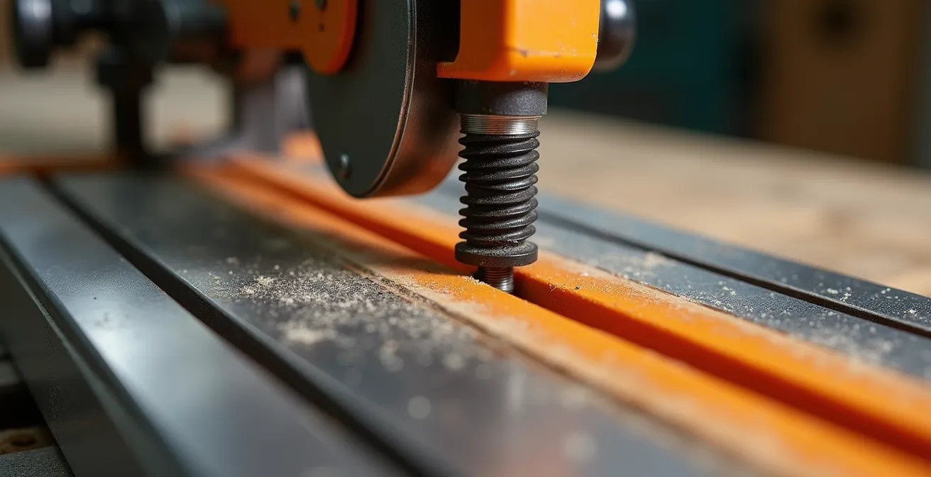 Vue détaillée d'un rail de scie plongeante stabilisé sur une pièce courte avec système de cale et serre-joint