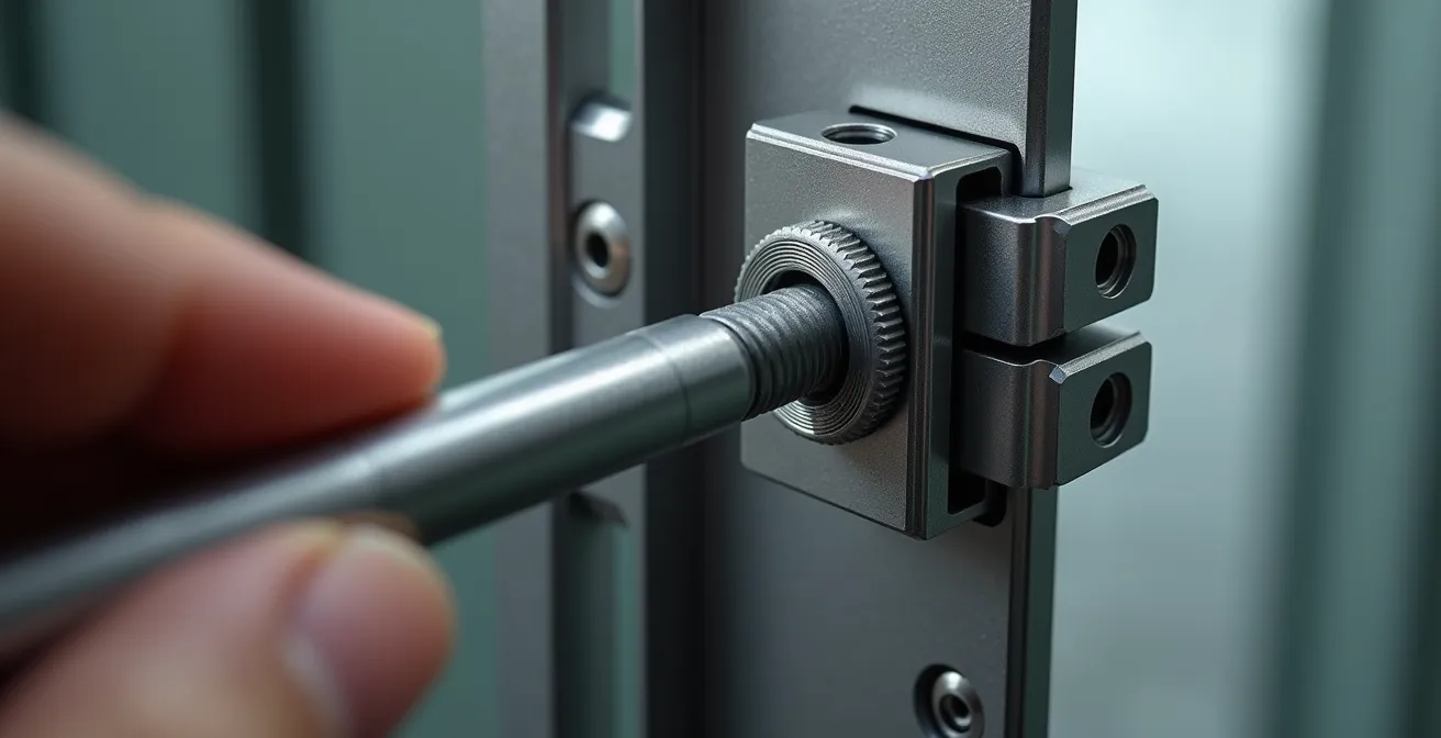 Gros plan sur le réglage d'une paumelle 3D avec différentes vis d'ajustement identifiées